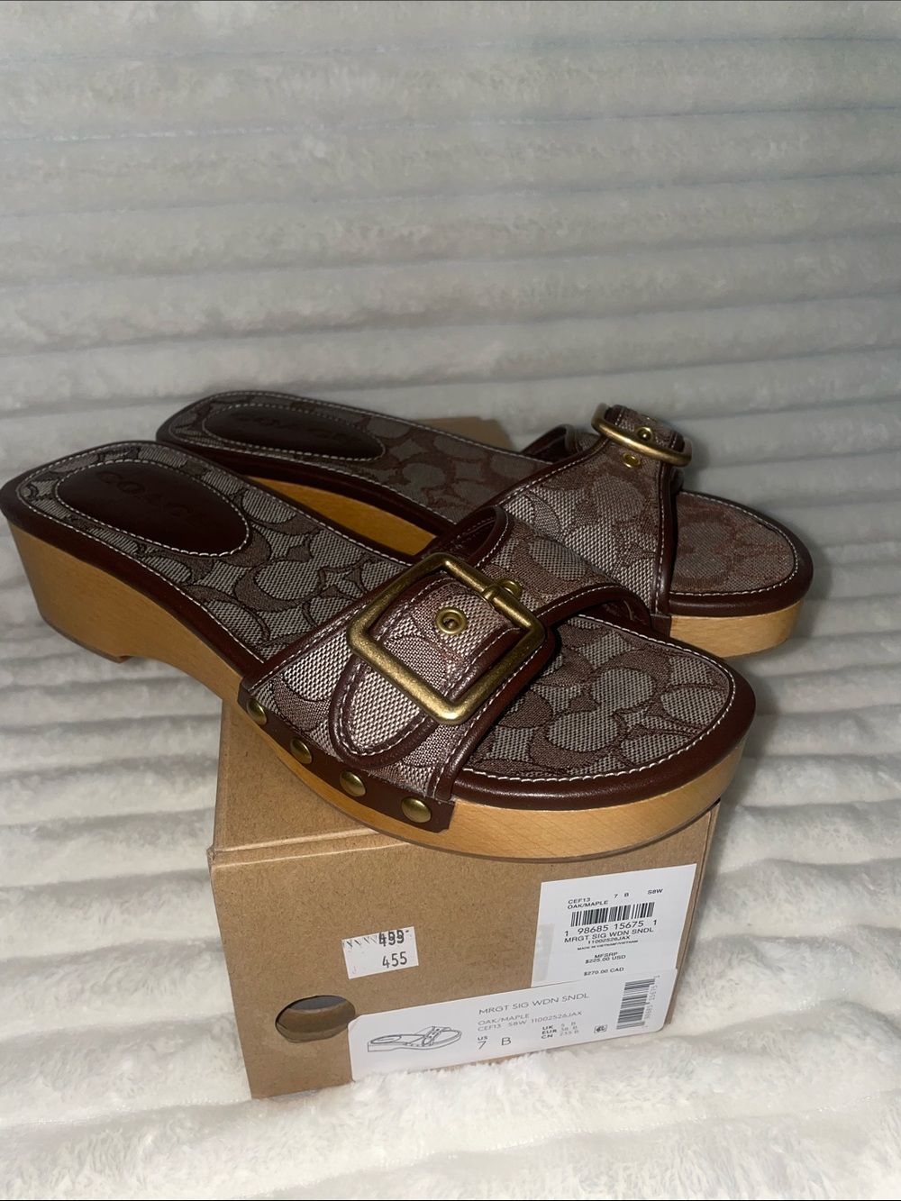 NIB Coach Margot Signature Oak/Maple Jacquard Wooden Platform Sandal Women’s 7